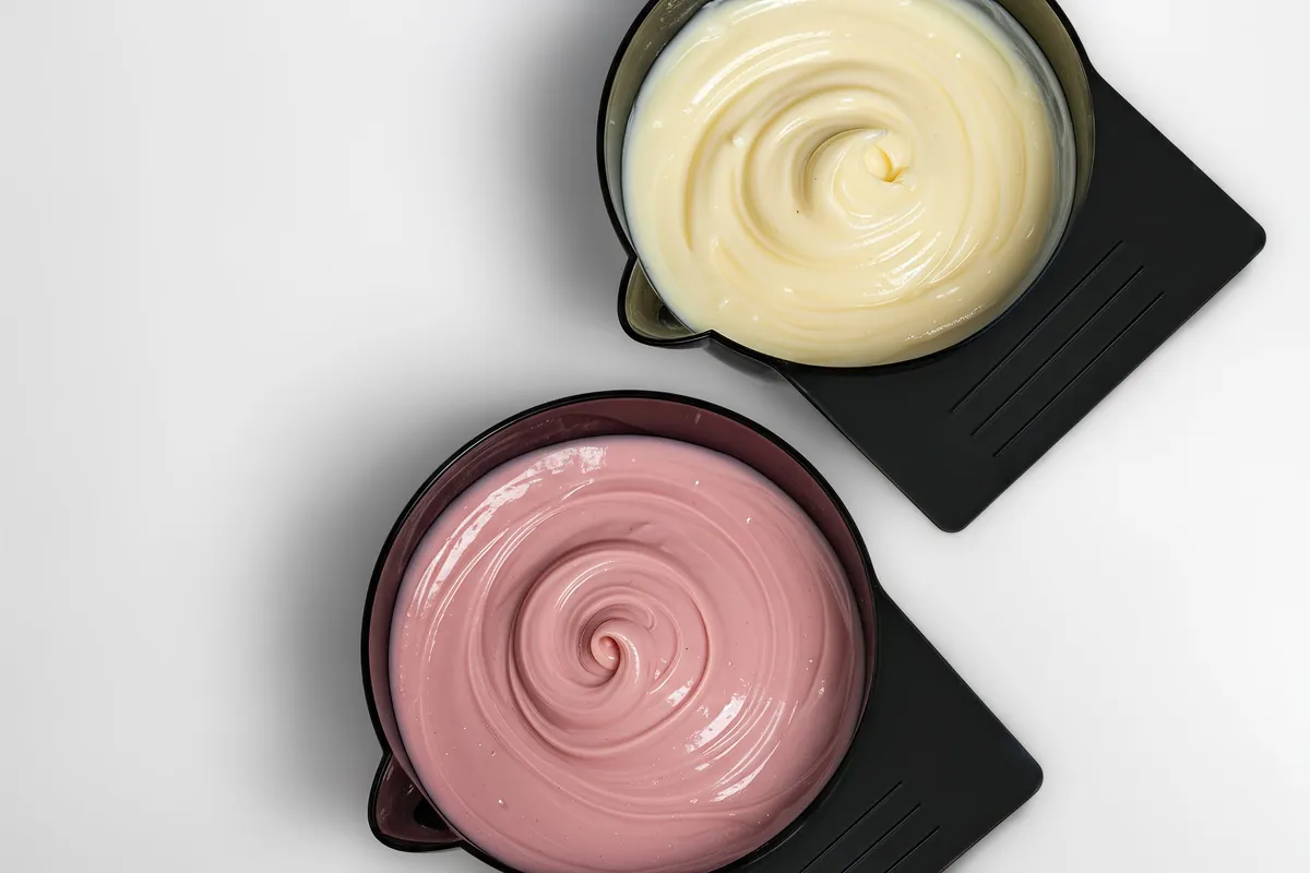 Two open jars of cream photographed from above on black square bases