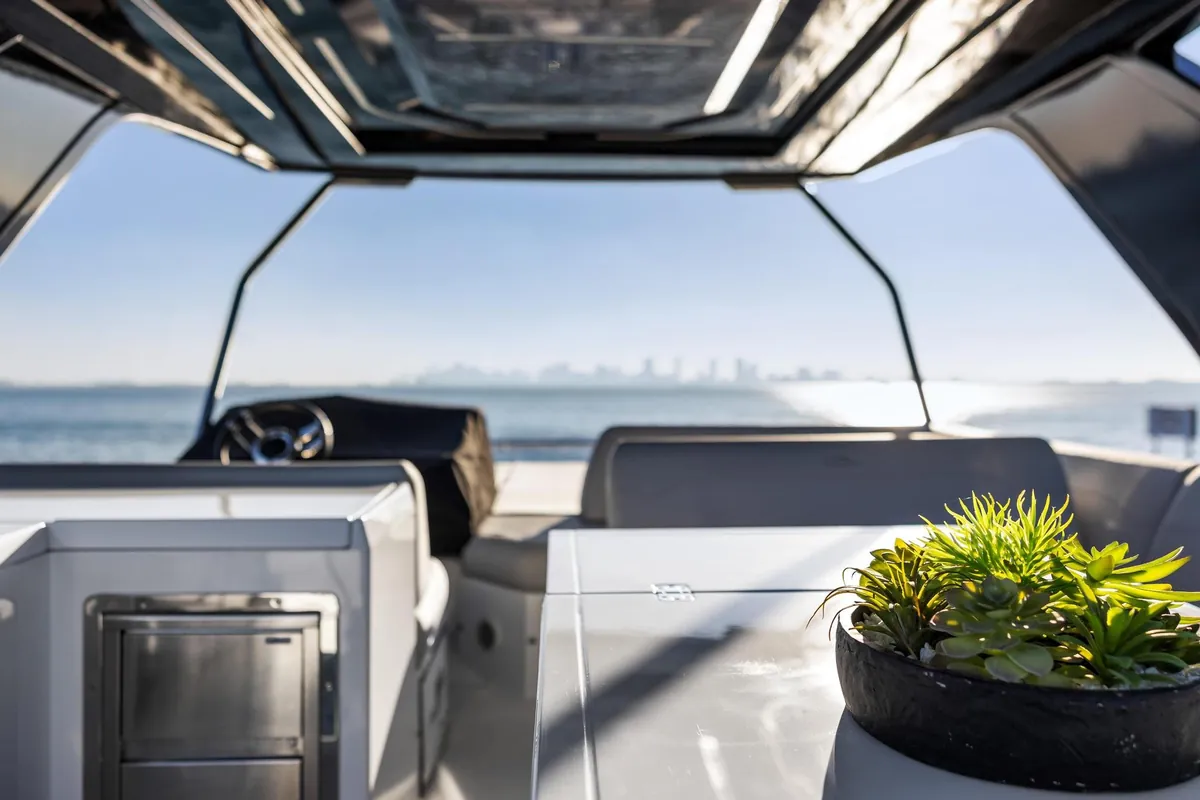 View from a yacht helm toward the open water